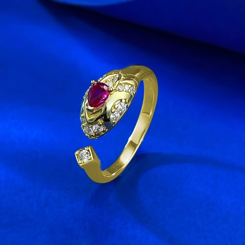Vintage 925 Sterling Silver Snake Open Ring For Women Luxury Gold Plated Red Rhinestone Inlaid Adjustable Finger Jewelry