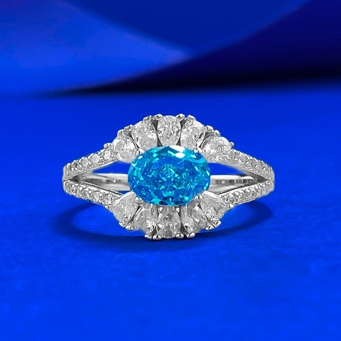 925 Sterling Silver Aquamarine Ring For Women Luxurious Oval Blue Gemstone Sun Flower Inlaid Rhinestone Split Shank Elegant Jewelry