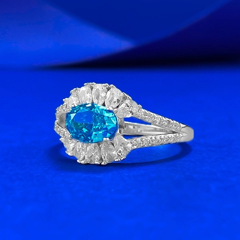 925 Sterling Silver Aquamarine Ring For Women Luxurious Oval Blue Gemstone Sun Flower Inlaid Rhinestone Split Shank Elegant Jewelry