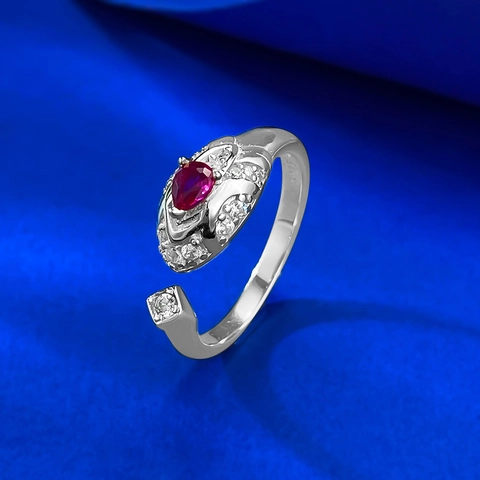 Vintage 925 Sterling Silver Snake Open Ring For Women Luxury Gold Plated Red Rhinestone Inlaid Adjustable Finger Jewelry