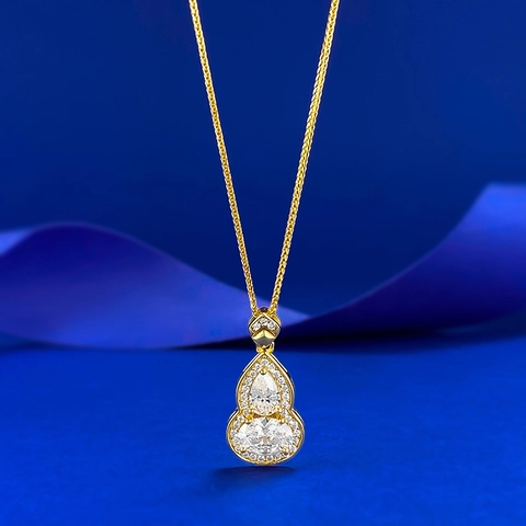 S925 Sterling Silver Gourd Pendant Necklace For Women Gold Plated Double Water Drop Rhinestone Inlaid Fashion Jewelry Gift