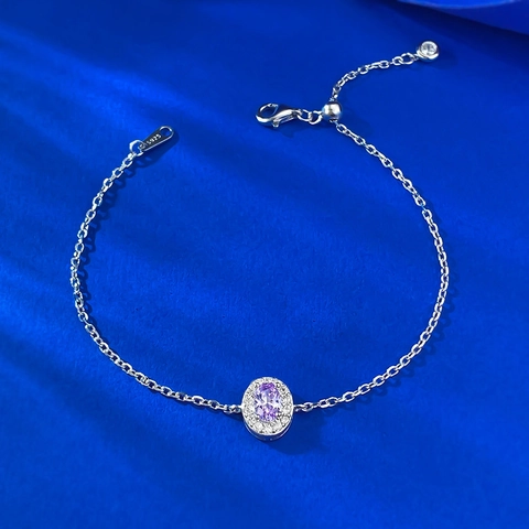 Bracciale in Argento Sterling 925 per Donna Elegante Strass Viola Ovale Halo Regolabile Gioielli a Catena a Maglie
