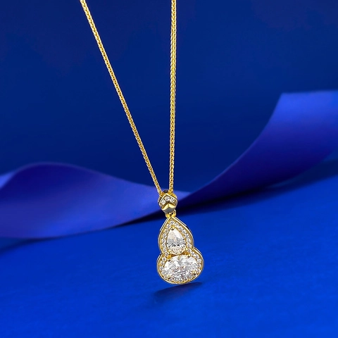 S925 Sterling Silver Gourd Pendant Necklace For Women Gold Plated Double Water Drop Rhinestone Inlaid Fashion Jewelry Gift