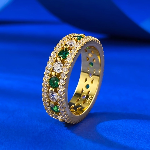 925 Sterlingsilber Roségold Vergoldet Grün Weiß Strass Reihenring Retro Light Luxus Schmuck Für Damen Fingerring