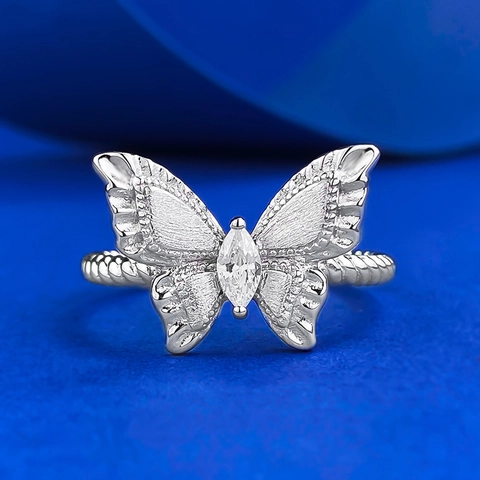 Anello a Farfalla in Argento Sterling 925 Vintage per Donna Marquise Strass Finitura Spazzolata Fascia Intrecciata Gioielli