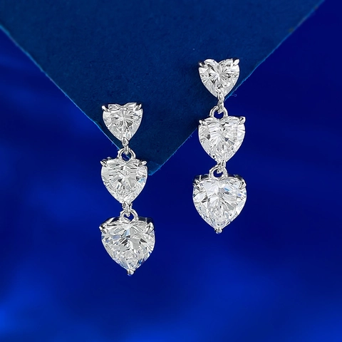 S925 Sterling Silver Triple Heart Drop Earrings For Women Elegant Rhinestone Inlaid Dangle Earrings Fashion Jewelry