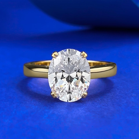 S925 Sterling Silver Large Oval Cut Rhinestone Solitaire Ring Gold Plated Four Prong Inlaid Elegant Jewelry For Women
