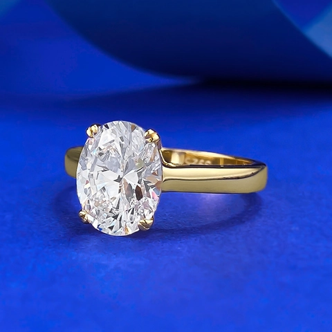 S925 Sterling Silver Large Oval Cut Rhinestone Solitaire Ring Gold Plated Four Prong Inlaid Elegant Jewelry For Women