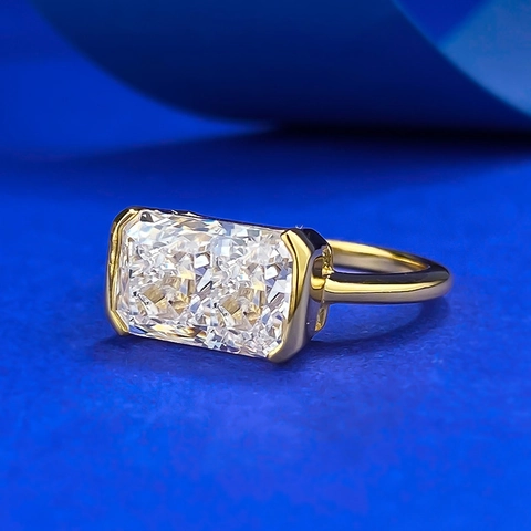 Bague de Luxe en Argent Sterling S925 Taille Radiant Glace Pilée Plqué Or 18K Strass Rectangle Mariage pour Femmes