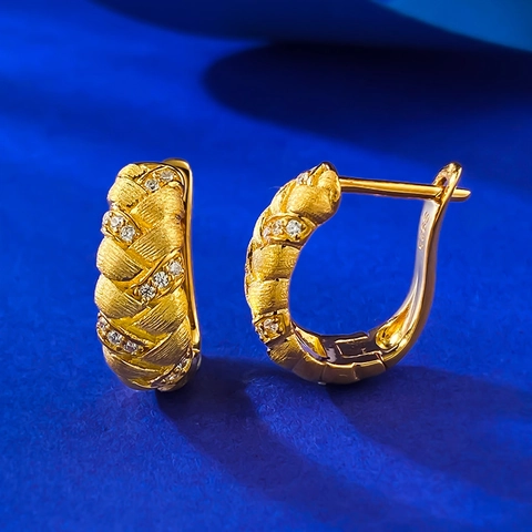 Orecchini in Argento Sterling 925 Spiga di Grano Intrecciato Spazzolato Placcato Oro con Strass Orecchini a Cerchio per Donna Gioielli Quotidiani Eleganti