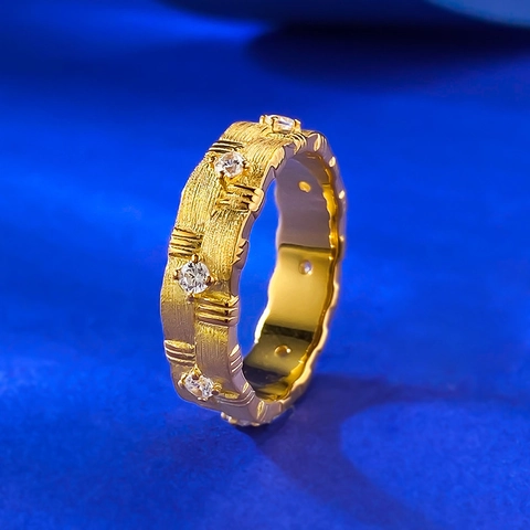 925 Sterlingsilber Gold Gebürstete Webstruktur Ring Mit Strass-Einlage Für Damen Herren Minimalistisch Mode Geometrischer Ring Schmuck