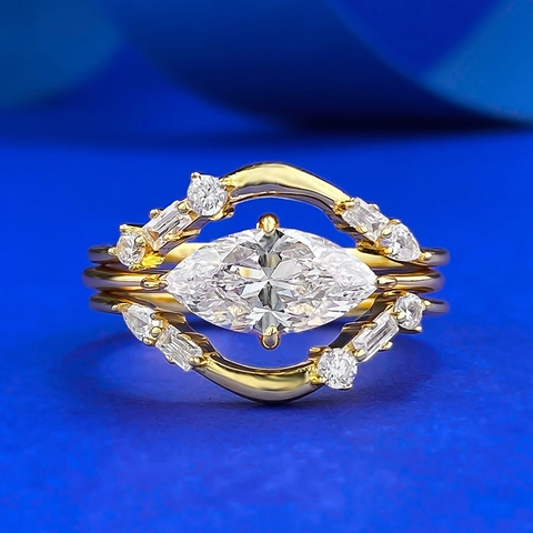 925 Sterling Silver Ring Set For Women Marquise Cut Rhinestone Gold Plated Stackable Wave Rings Vintage Luxurious Jewelry Finger Ring Gift