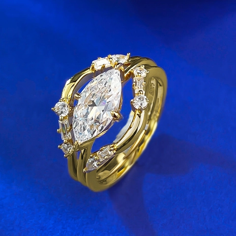 925 Sterling Silver Ring Set For Women Marquise Cut Rhinestone Gold Plated Stackable Wave Rings Vintage Luxurious Jewelry Finger Ring Gift