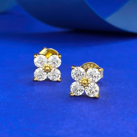 925 Sterling Zilver Klavertje Vier Oorknopjes Verguld Strass Ingelegd Geometrische Bloem Oorbellen Voor Vrouwen Mode Sieraden