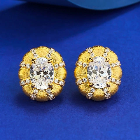 Lussuosi Orecchini a Bottone in Argento Sterling 925 Placcato Oro Strass per Donna Vintage Testura Spazzolata Gioielli