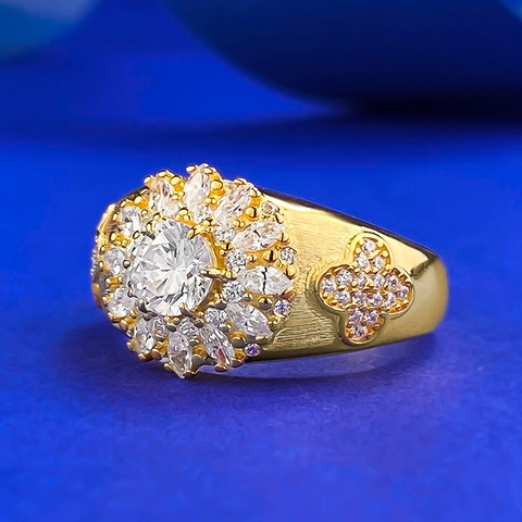 Anello Girasole Spazzolato Italiano in Argento Sterling 925 Placcato Oro Vintage Strass Pavé Anello a Grappolo di Fiori Donna