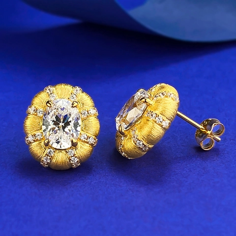 Lussuosi Orecchini a Bottone in Argento Sterling 925 Placcato Oro Strass per Donna Vintage Testura Spazzolata Gioielli