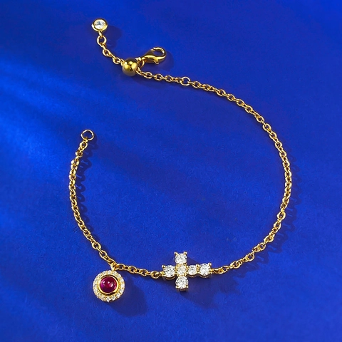 S925 Sterlingsilber Kreuz Roter Karneol Armband Für Damen Gold Galvanisiert Verstellbare Kette Mit Strass Religiöser Schmuck Geschenk