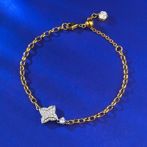 S925 Sterling Silver Four-Pointed Star Bracelet For Women Gold Plated Adjustable Double Sided Rhinestone Inlaid Fashion Jewelry