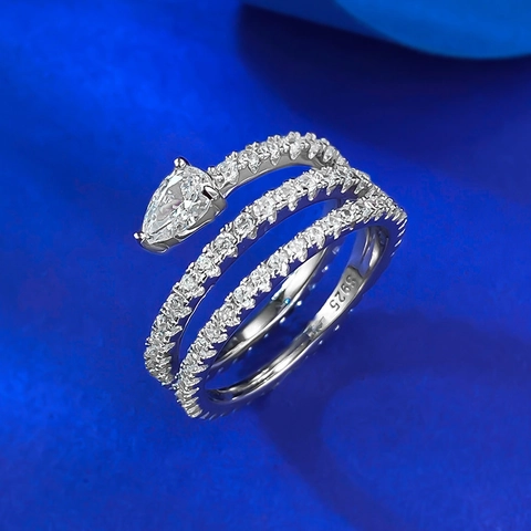 925 Sterling Silver Snake Spiral Ring With Pear Shaped Rhinestone Inlaid Multi Layer Wrap Rings For Women Fashion Commute Jewelry