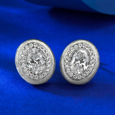 Orecchini a Bottone Halo Ovali in Argento Sterling 925 Vintage in Metallo Spazzolato Con Strass Per Donna Gioielli di Moda