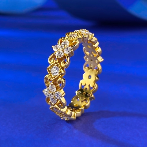 Luxury 925 Sterling Silver Iris Flower Openwork Ring For Women Vintage Palace Style Gold Plated Rhinestone Inlaid Jewelry