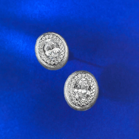 Orecchini a Bottone Halo Ovali in Argento Sterling 925 Vintage in Metallo Spazzolato Con Strass Per Donna Gioielli di Moda