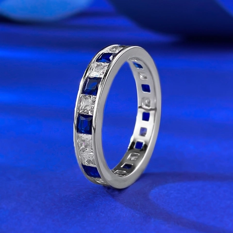 925 Sterling Silver Eternity Ring For Women Blue And White Zirconia Princess Cut Channel Setting Stackable Band Jewelry