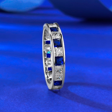 925 Sterling Silver Eternity Ring For Women Blue And White Zirconia Princess Cut Channel Setting Stackable Band Jewelry