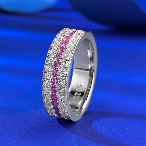 925 Sterling Silver Wide Band Eternity Ring For Women Luxury Inlaid Pink White Rhinestone Fashion Jewelry Finger Ring