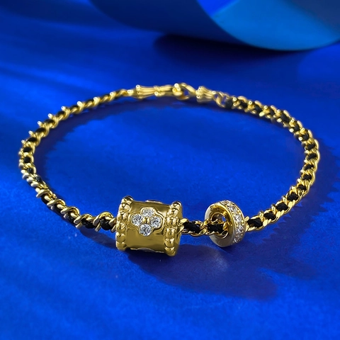 Pulsera de Cordón Trenzado de Plata de Ley 925 para Mujer Dorado Trébol Cuenta de Transferencia de Cilindro Strass Joyería de Moda Elegante