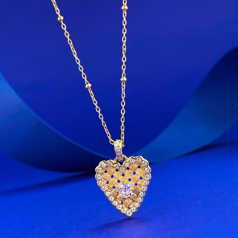 S925 Sterling Silver Gold Plated Heart Pendant Necklace With Woven Texture Rhinestone Inlaid Square Stone Fashion Jewelry