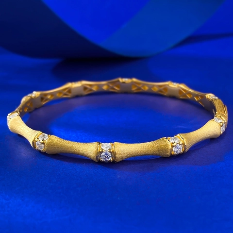 Vintage Italian Style S925 Sterling Silver Bamboo Bangle Gold Brushed Finish Inlaid Rhinestone Jewelry For Women Men Gift