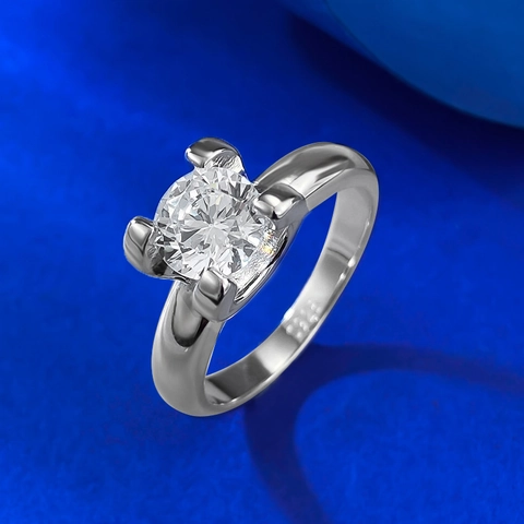 925 Sterling Silver Bull Head Solitaire Ring One Carat Round Rhinestone Four Prong Engagement Wedding Ring For Women Jewelry