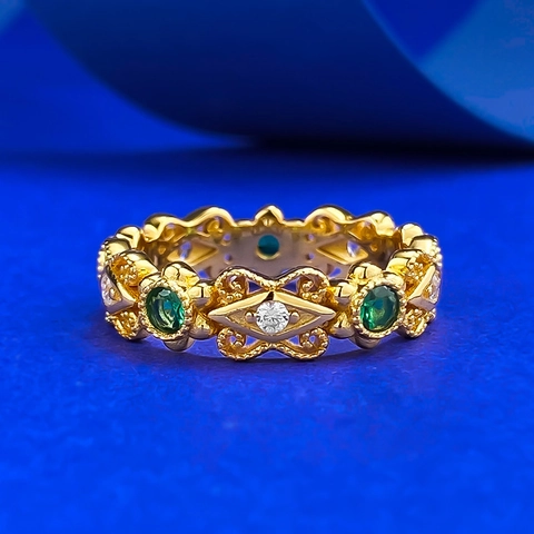 Vintage Paleisstijl 925 Sterling Zilveren Holle Kant Ring Voor Vrouwen Verguld Groen Wit Strass Geometrische Sieraden Ring Cadeau