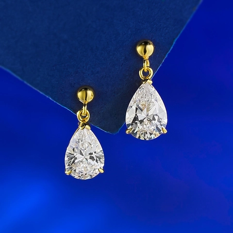 S925 Sterling Silver Water Drop Stud Earrings For Women Gold Plated Pear Cut Clear Rhinestone Elegant Dangle Earrings Jewelry