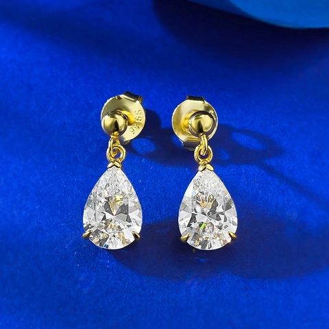 S925 Sterling Silver Water Drop Stud Earrings For Women Gold Plated Pear Cut Clear Rhinestone Elegant Dangle Earrings Jewelry