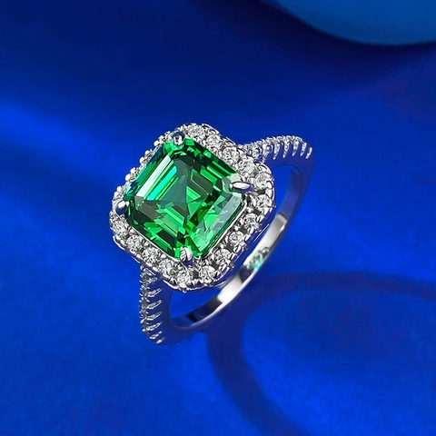 S925 Sterling Silver Emerald Cut Green Gemstone Halo Ring For Women Luxurious Inlaid Rhinestone Geometric Commuter Jewelry Ring