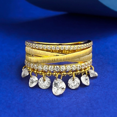 925 Sterlingsilber Gold Überzogen Mehrschichtig Ring Für Damen Gebürstet Quaste Strass Eingelegt Geometrisch Fingerring Schmuck