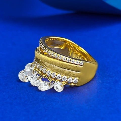 925 Sterlingsilber Gold Überzogen Mehrschichtig Ring Für Damen Gebürstet Quaste Strass Eingelegt Geometrisch Fingerring Schmuck