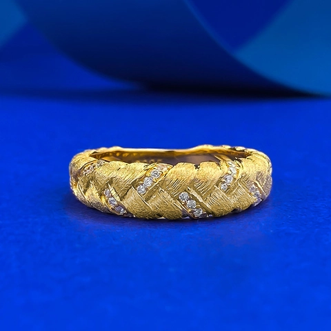 Anello in Argento Sterling 925 Placcato Oro a Spiga Intrecciato Spazzolato Minimalista Con Strass Intarsiato Anello Geometrico Donna