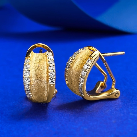 Orecchini Huggie in Argento Sterling 925 Placcati Oro per Donna Finitura Opaca Spazzolata Strass a Forma di U Gioielli