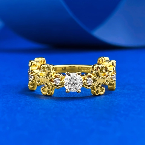 Anillo de Plata de Ley 925 Chapado en Oro Vintage con Flor de Iris Hueca Estilo Palacio con Diamantes de Imitación Incrustados Anillo de Moda para Mujer