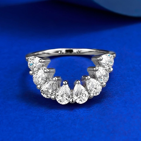 S925 Sterling Silver Curved Stacking Ring With Pear Shaped Rhinestone Women Fashion Jewelry Wedding Band Stacking Ring