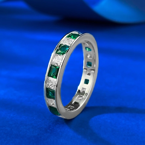 Princess Cut Wit Groen Zirconia Eternity Ring 925 Sterling Zilver Geometrisch Ingelegde Mode Sieraden Voor Vrouwen Vingerring Cadeau
