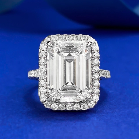 Luxury 925 Sterling Silver Asscher Cut White Rhinestone Ring For Women Vintage Halo Pave Wedding Engagement Finger Ring Jewelry