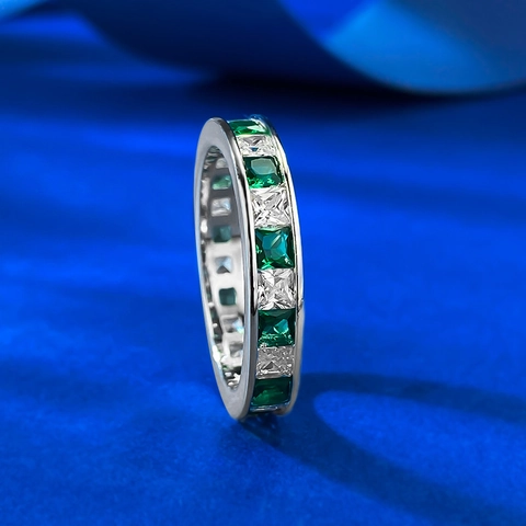 Princess Cut Wit Groen Zirconia Eternity Ring 925 Sterling Zilver Geometrisch Ingelegde Mode Sieraden Voor Vrouwen Vingerring Cadeau