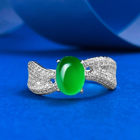 Vintage S925 Sterling Silver Green Chalcedony Ring For Women Oval Agate Gemstone Pave Rhinestone Fashion Finger Jewelry