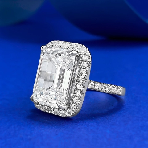 Luxury 925 Sterling Silver Asscher Cut White Rhinestone Ring For Women Vintage Halo Pave Wedding Engagement Finger Ring Jewelry