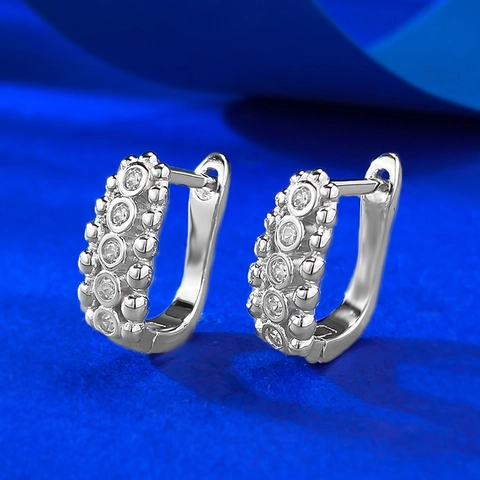 925 Sterling Silver Beaded Huggie Hoop Earrings Rhinestone Inlaid Platinum Plated Retro Geometric Jewelry Earrings For Women